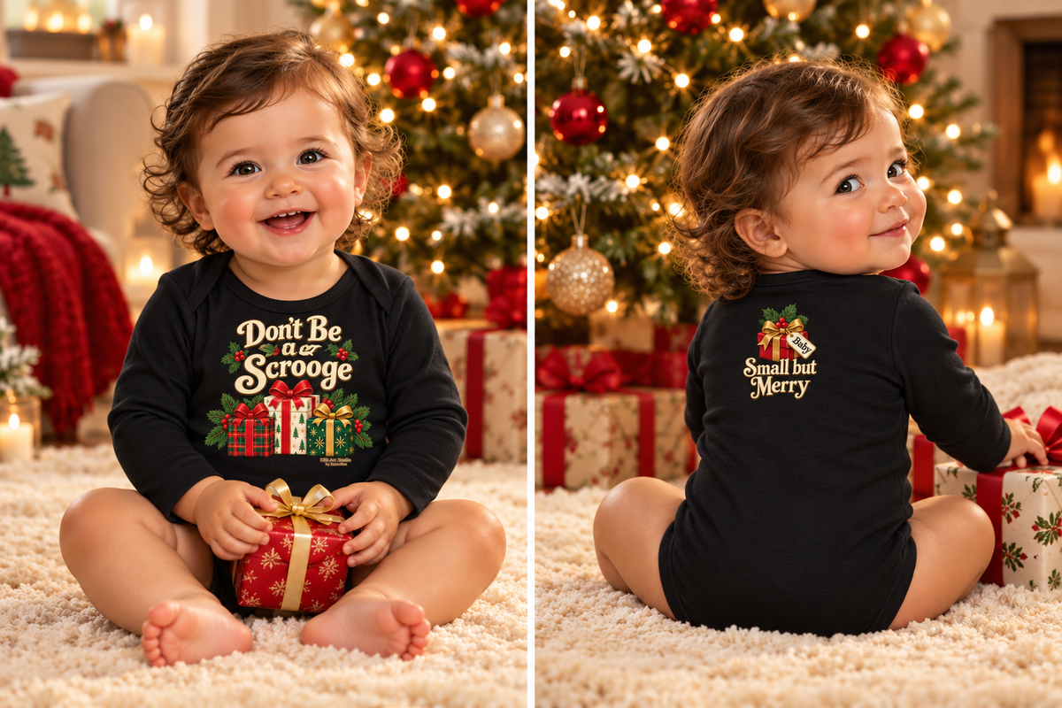 Don’t Be a Scrooge — Small but Merry Baby Onesie Bodysuit | Black