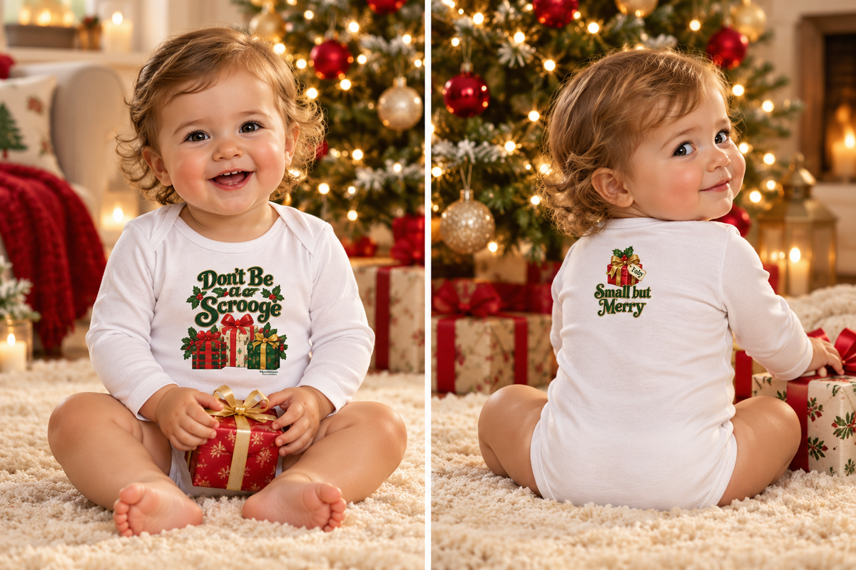 Don’t Be a Scrooge — Small but Merry Baby Onesie Bodysuit | White