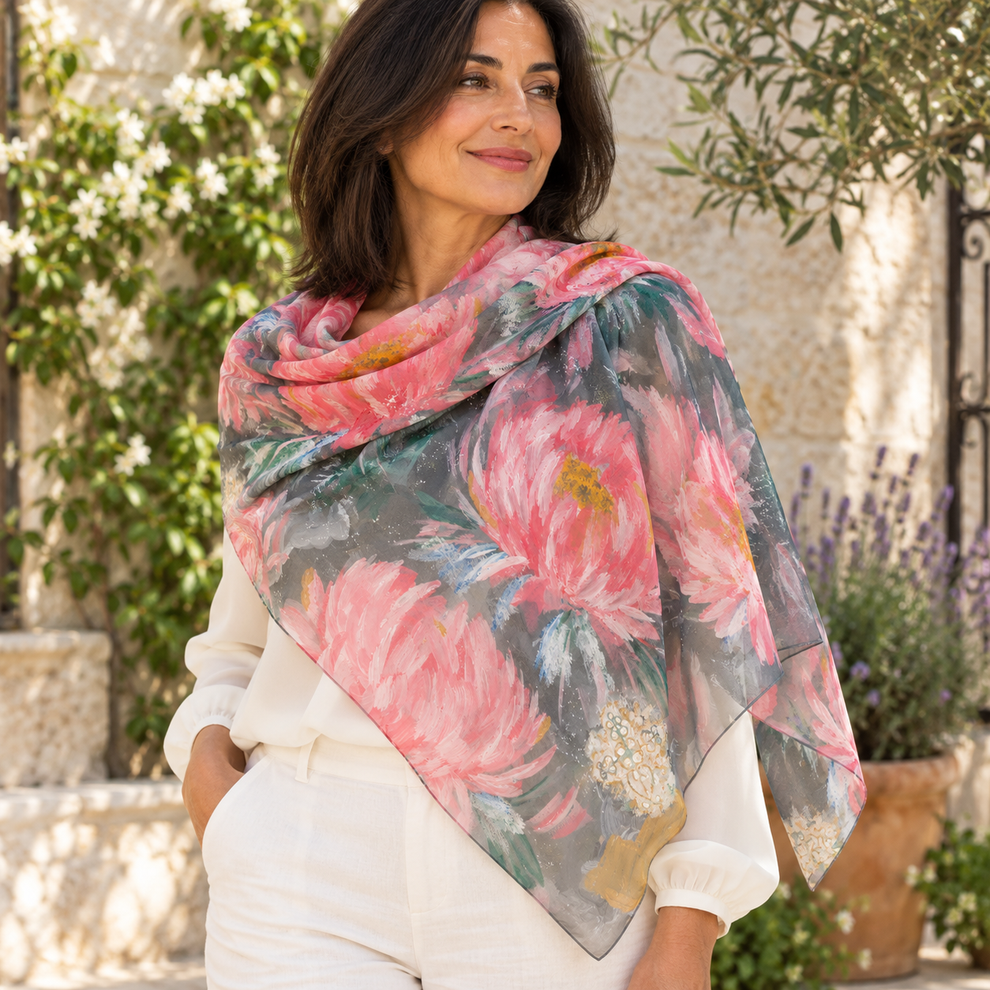 Poly Carty Sydnies Peonies _ Poly Chiffon Scarf – Ellis Art Studio