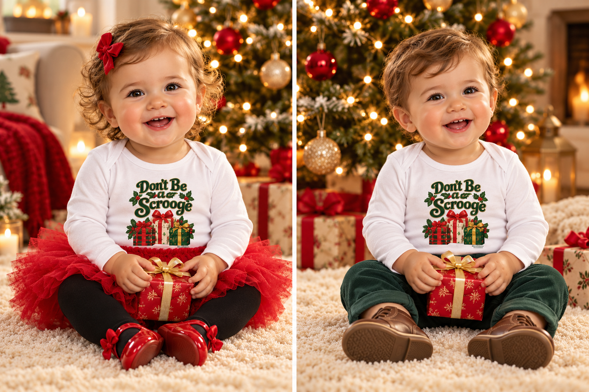 Don’t Be a Scrooge — Small but Merry Baby Onesie Bodysuit | White